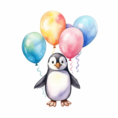 realistic, high resolution, cute, smiling, penguin with baloons, cartoon, watercolor clipart, completely white background
