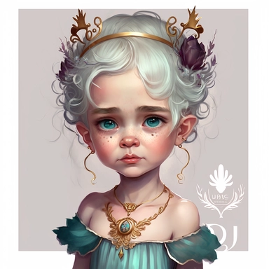 boho little girl, big eyes, light lavender skin, short white hair in tall updo with a small gold crown, teal eyeshadow and red lipstick, black cami, nautilus shell necklace, evil laugh, holding a gold trident, very detailed and realistic, watercolor, portrait, white background with margins, clipart style,