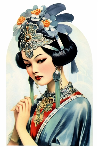 Vintage 1920 Asian woman along with a striking silver nose ring Illustration , Chromolithograph, Die Cut, 1920s Illustration, Vintage, Chromolithograph, Colorful, Antique, Ephemera, Clipart, 8k, Isolated on white