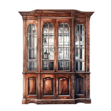 watercolor, hyper realistic, white background, white margins, 16k, ultra detailed clipart, cut out image, hand-drawn vintage wooden cupboard with a warm brown finish and glass doors,