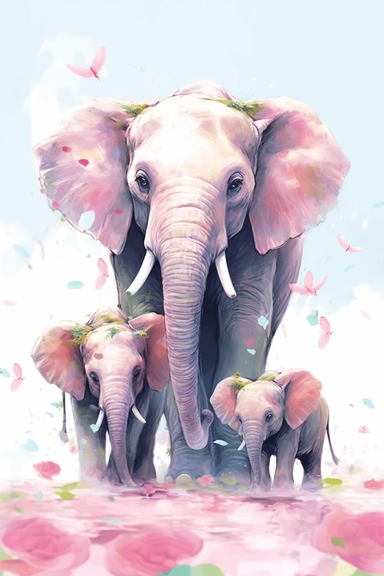 daddy elephant with two baby girl elephants in the style of kawaii art, mixed media print, soft colors, realistic brushwork, clipart