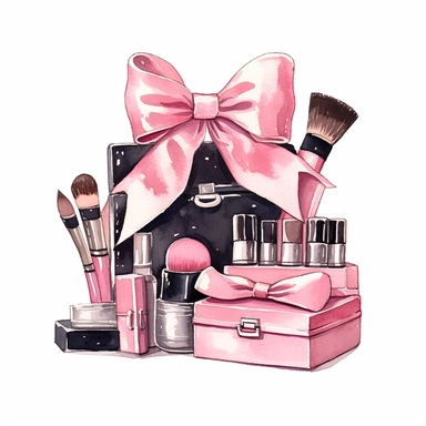 bridal party clipart, seperate items, lipstick, blush, makeup brushes, eyeshadow pallets, mascara, pink gift boxes with bows, white background, q2