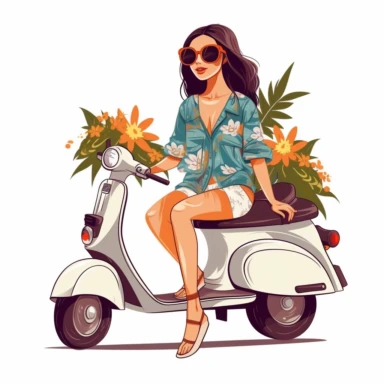 hippie woman sitting on a retro VESPA clipart in a vector digital art retro style,white background,flat color