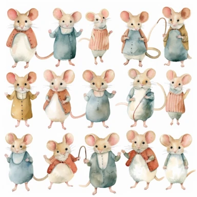 Watercolor Mouse in Dress, 25 Cute Mice Clipart, Animal Digital Prints