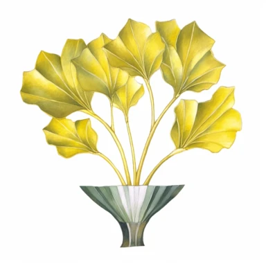 Design a dreamy watercolor clipart of a chinese bowl with Sprays of ginkgo leaves with golden hues arranged in a minimalist and modern design composition, hand-painted with soft and graceful brushstrokes. Draw inspiration from the artistic finesse of Ethereal Petals Watercolors for a refined and ethereal depiction. isolated on a white background, hand-drawn illustration, hand-painted watercolor texture, 16k UHD resolution, intricately detailed, sharp focal points, designed by Ana Victoria Calder