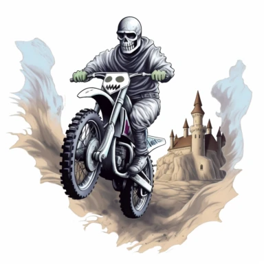 hunted castle, smiling halloween ghost on a dirt bike, clipart 4k