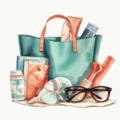 watercolor, hyper realistic, white background, white margins, 16k, ultra detailed clipart, cut out image, hand-drawn, whimsical A playful clipart featuring a summer tote bag filled with beach essentials like a towel, sunscreen, sunglasses, and a refreshing drink, ready for a day of fun in the sun. teal and coral