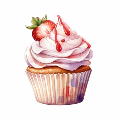 clipart of a delicious cupcake with whipped cream and a strawberry, white background, watercolor, high details, crisp details