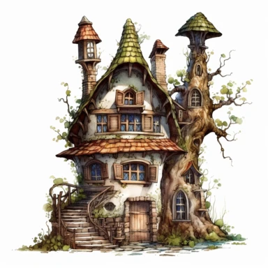 one fairy house clipart on a white background, in the style of hyperrealistic fantasy, intricate art nouveau, international gothic, highly detailed realism, atmospheric watercolors, fantasy characters, dark white and light bronze , no watermark, text, 300 DPI , typography, shapes do not stick together, no text in the picture, on a white background