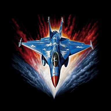 As you gaze down from above, describe the magnificent sight of a fighter jet streaking through the sky, leaving a trail of smoke that forms the iconic red, white, and blue of the American flag , airbrush art , outrun , clipart , black background