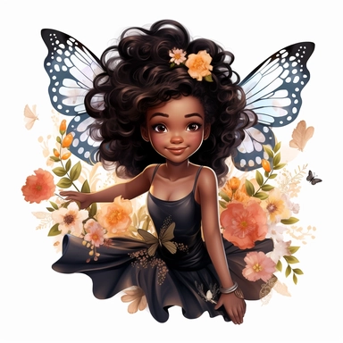 magical black little girl, fairy wings, clipart, disney style, white background , flying above flowers