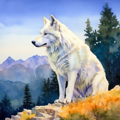 A white wolf sitting proudly, looking off into the distance, with forest and mountains framing the scene, vivid colors, watercolor by Thomas W. Shaller, clipart, solid background, no watermark, 8k