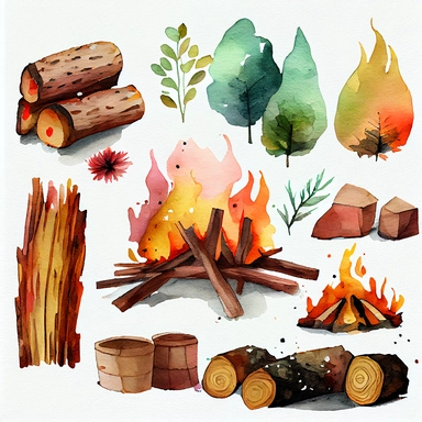 burning firewood Watercolor Clipart, details