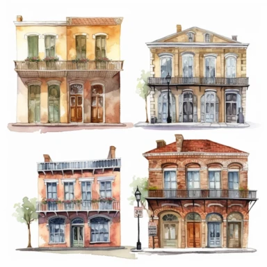 watercolor New Orleans French quarter style buildings, illustrations clipart set, simple, , cartoon elements ,different variants , separate elements with a margin