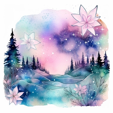 watercolor stars and northern lights over flowers illustration clipart, in the style of use of northern lights tones, intricate storytelling, dramatic color palette, rounded, ephemeral installations, elaborate borders, romanticized depictions of wilderness, clipart, blank white background