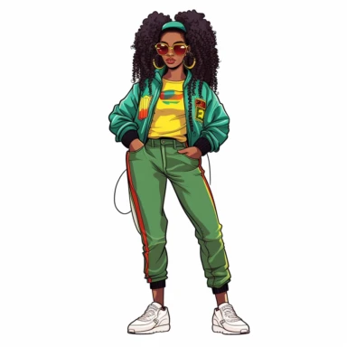 cartoon illustration of a cute black woman, afro, wearing nike air jordan shoes, wearing a green, yellow and red fly 90s outfit, large hoop earrings, sunglasses, clipart, white background