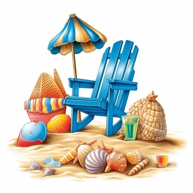 beach shore, shells, beach ball, chairs, towels, sand castle clipart