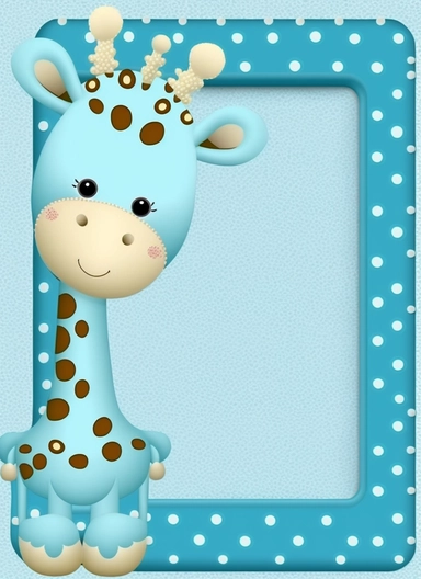 baby frame in blue with giraffe, baby's name and giraffe wrist clipart , in the style of kawaii aesthetic, uhd image, light sky-blue and dark blue, chinese painting, pattern designs, stock photo, fernando botero
