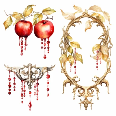 gold leaf and red apple frames, rococo, icicles, watercolor clipart