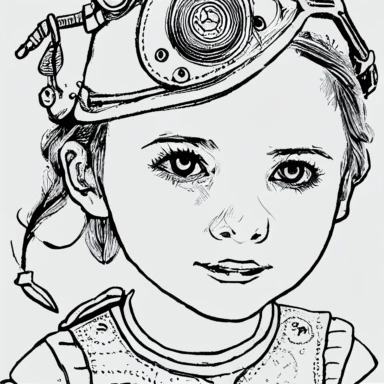 simple drawing, 1 precise lines, 1bit, 1 white steampunk little girl, 1 sticker art, 1 color by numbers, 1 coloring page for adults, 1 , printable outlined artwork, 1 coloring book page, 1, line art, 1 white backdrop, crisp lines, vector image, svg style, clipart style,