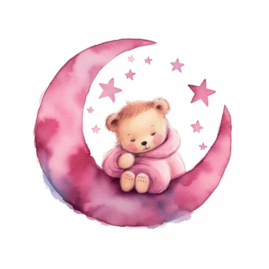 childrens illustration of Sleeping baby teddy bear resting on curve of crescent moon. White background. Surrounded by 5 stars. Minimal. Fuchsia colours. Nursey. Soft Watercolour Style. Clipart