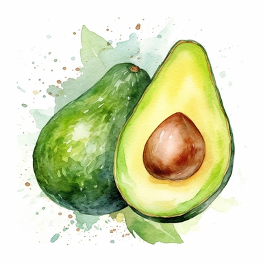 Watercolor clipart of Avocado in the style of ethereal watercolor washes, strong watercolor paper texture,intuitive ink washes , multi-layered, lith printing, havencore, texture-based, isolated on white background