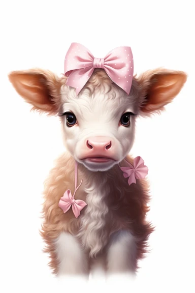 a baby cow with pink bow, clipart, white background