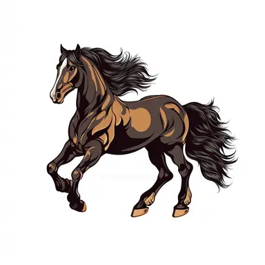 Clip Art, 2d, Flat Vector, DARK BROWN ARABIAN Breed Horse With BLACK Extremely long thick Mane LOGO on White Background, NO TEXT, NO WATERMARK,