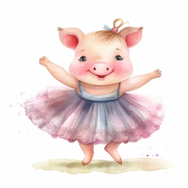 a cute ballerina pig dancing, full body, pencil and watercolor clipart style, cartoon style, super high quality, high resolution, pastel colors, isolated white background, 8k