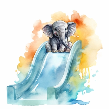Create a watercolor illustration clipart of a playful cute Baby Elephant Riding the water slide, with its full body visible. Use soft, flowing brushstrokes and a warm, inviting color palette to create an image that is both charming and whimsical. Incorporate intricate details like the motion of Baby Elephant Riding the water slide to create a lifelike, realistic image. Can add other elements to the illustration like related item to play to create playful scene. Use white background to allow the 