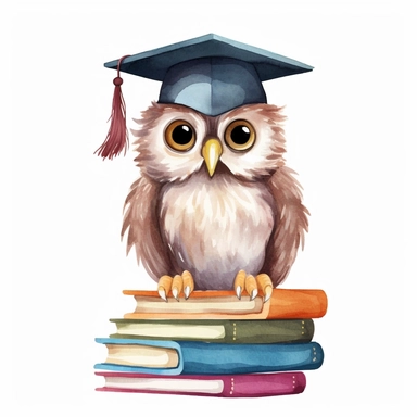 owl with graduation cap on stack of books, watercolor clipart, soft colors