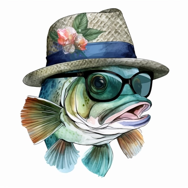 Cool Bass Fish Hat And Glasses Watercolor Sublimation Clipart, Clipart, white background, no watermark, no text, no word,