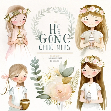 6 cliparts with girls first communion props, soft colors boho minimalism, hight resolution watercolor hand painted