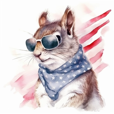 an Eastern gray squirrel, American flag scarf and sunglasses, tree branch of acorns background, colorful ink wash paintings, anime-inspired character designs, realistic animal illustrations, 2d game art, quadratura, clipart, on white background,