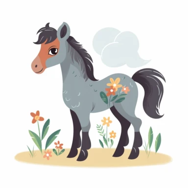 a baby horse clipart with illustration, full body shot ,8k, style of Bohemian, style of Anna Süßbauer and Jon Klassen,vector, Vector, white background,Solid Background, Sharpness and clarity, masterpiece, trending on Artstation and Dribbble.