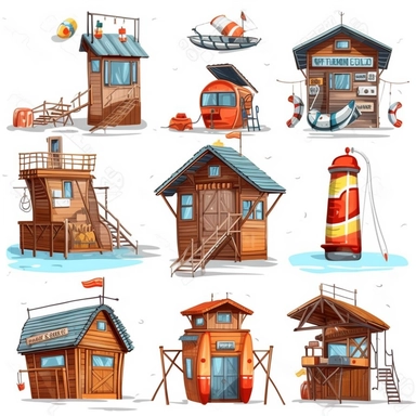 atercolor beach lifesaver and lifeguard huts , illustrations clipart set, simple, , cartoon elements ,different variants , separate elements with a margin, wooden and plastic elements elemets, helicopter, lifesaver boat, jetski ,4k, high resolution