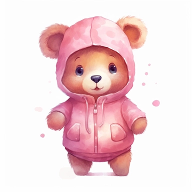 cute baby bear character, wearing pink clothes, watercolor cartoon style, vector, clipart, on a solid white background, completely isolated, full shot, centered Job ID: 9f3b37e5-3ba2-4603-8556-86cd9afdffb1