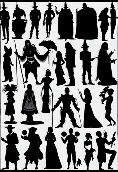 silhouettes of swindlers, monks, demons, mythological characters, disguised people, magicians, fools, lunatics, soldiers, priests, devils, fauns, angels, jugglers, cops, clowns, madmen. Bizarre, whimsical, random, victorian, theatrical, funny. Black and white clipart collection, white background