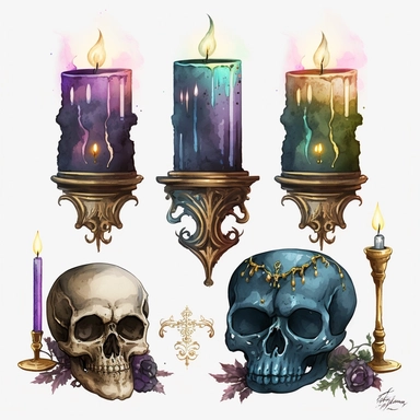 dark magic candles with skull head holder watercolor clipart