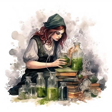 medieval woman practicing alchemy, surrounded by bubbling potions and ancient texts, stylish | COLOR THEME: dark green, olive green, army green, black, light pink | watercolor, clipart, hyperrealistic, white background