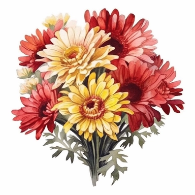 watercolor Chrysanthemum bouquet clipart, red flower, yellow center, white background,clear background, realistic watercolor painting, dreamy and romantic
