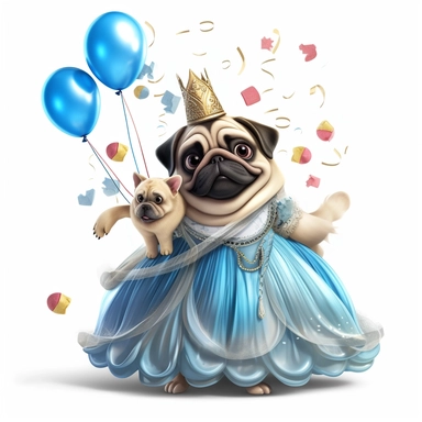cute anthropomorphic pug dog girl dressed in a cenderella dress celebrating birthday, many streamers and balloons behind her, unreal engine, octane render, in style of tom mcgrath, white background, clip art,