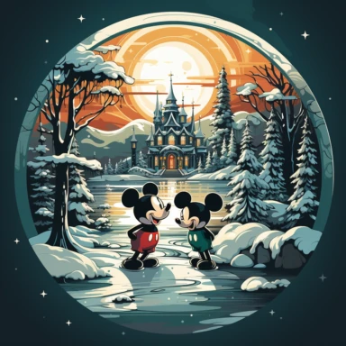 Classic Christmas Magic: Traditional Christmas colors like red, green, and gold. Style: Vintage or retro-inspired design with a touch of nostalgia. Snowy landscape with iconic Disney characters like Mickey Mouse, Minnie Mouse, and Donald Duck. Mood: Joyful, magical, and filled with the holiday spiritVECTOR CLIPART