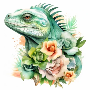Green iguana with flowers, watercolor, sharp illustration clipart, insane detail, white background