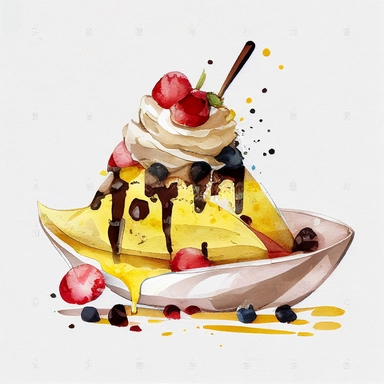 banana split in a dish, watercolor clipart, transparent background,