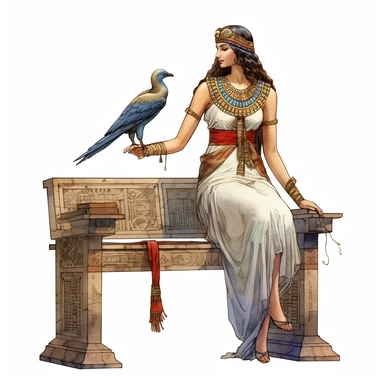 clipart watercolour, ancient Egypt, white solid background, extremely detailed, high quality, hyper-realistic, beatiful ancient egyptian lady sitting on the antique egyptian bench, reading a scroll of parchment holding it in both hands, on the column to the right of the bench sits a white bird in rainbow colors, poses sideways, stylish, ancient jewelry, glamour, smart eyes, looking far away, perfect smile, colorful old-fashion, colorful headdress, make-up