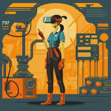 worker wearing vr headset, man, standing in an assembly plant, gauges, coding, vr developer, virtual reality, poster, simplistic, abstract, vector, 2d illustration, clipart, few colors