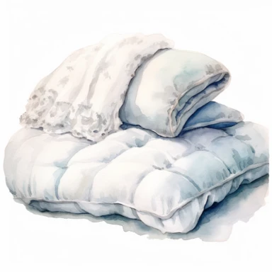watercolour illustration, a pair of white linen fluffy pillows and blanket, clipart