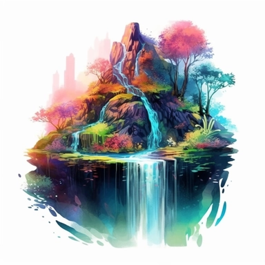 curving holographic waterfall scene using watercolor clipart. unique waterfall design with waterfall taking different paths to fall down. The lighting should be normal and the colors should be both artsy and lifelike. mesmerizing and incredible. The best view for the composition. the watercolor art style does not cause confusion with the actual water in the scene. holographic water.