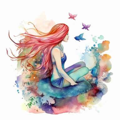 A watercolor clipart of a mermaid with long flowing hair, with petals all around, sitting on a rock in the ocean, vibrant colors birds background hope wishfulness luck positive energy breathtaking image Intricate details insanely defined
